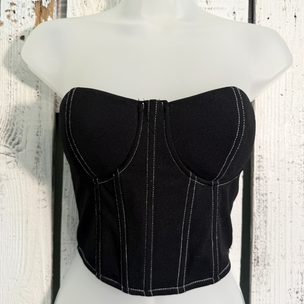 Diffuse‎ Black White Stitch Corset Top Size 4 Bustier Zip Back Goth Edgy Rocker